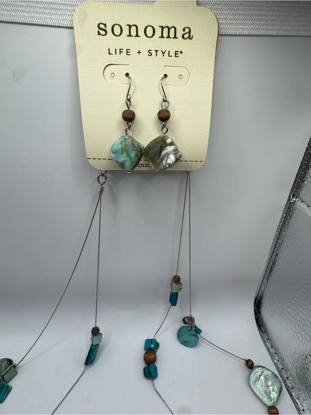 Sonoma Turquoise-Teal Shell & Brown Wood Drop Earrings
